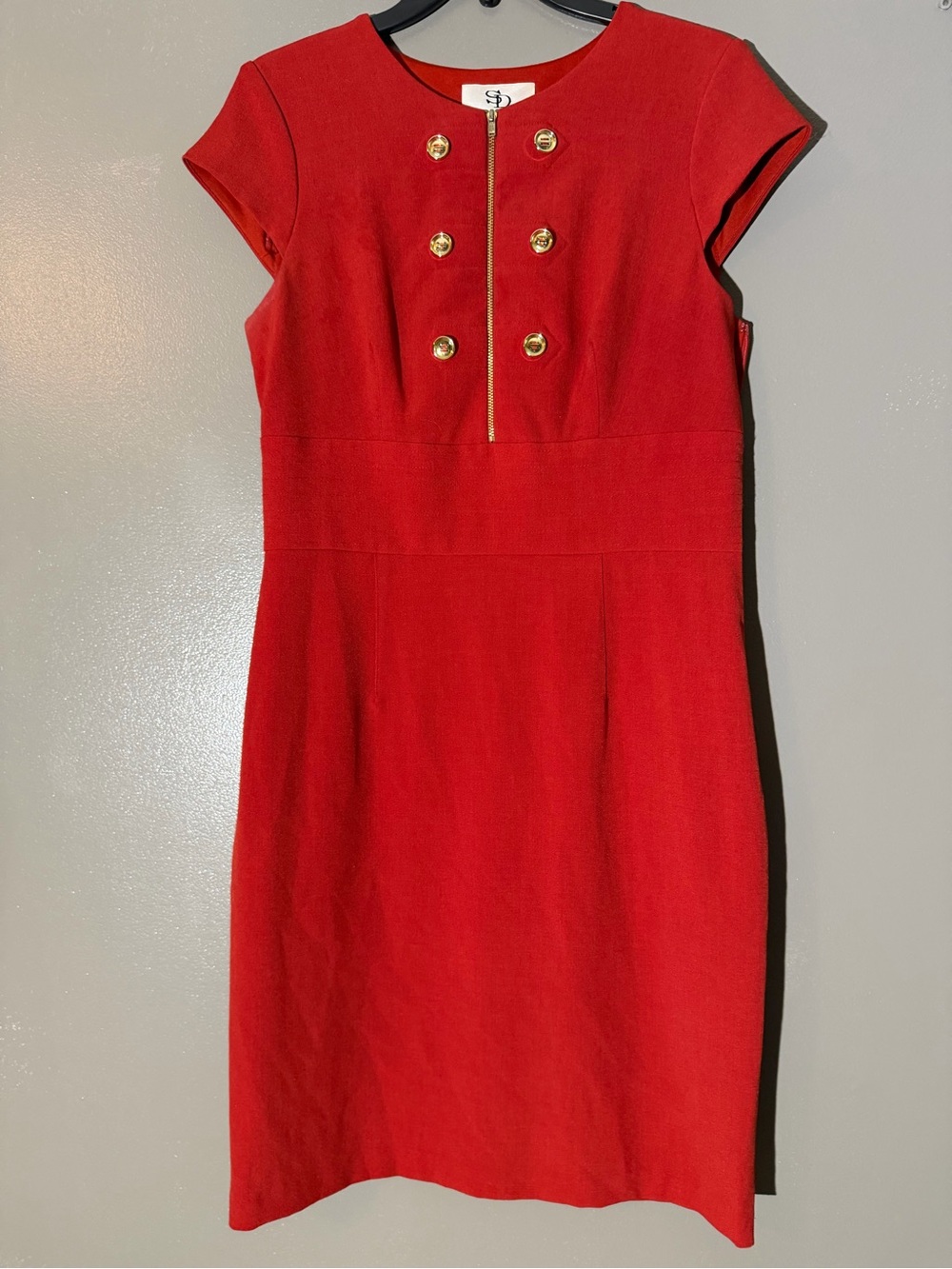 SD Collection Red Midi Sheath Dress with Gold Buttons